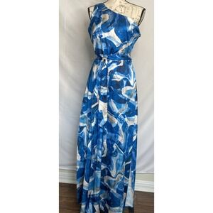 NWT Nicole Miller‎ One Shoulder Blue Satin Maxi  Dress Women 6 Watercolor Satin